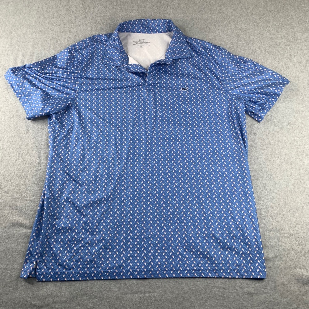 Vineyard Vines Polo Shirt Mens XL Blue Lacrosse Print Performance Short Sleeve
